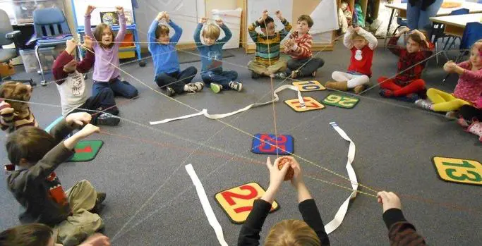 A group of children sitting on the floor playing with string.