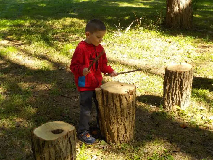 A young boy is playing with an ax and logs.